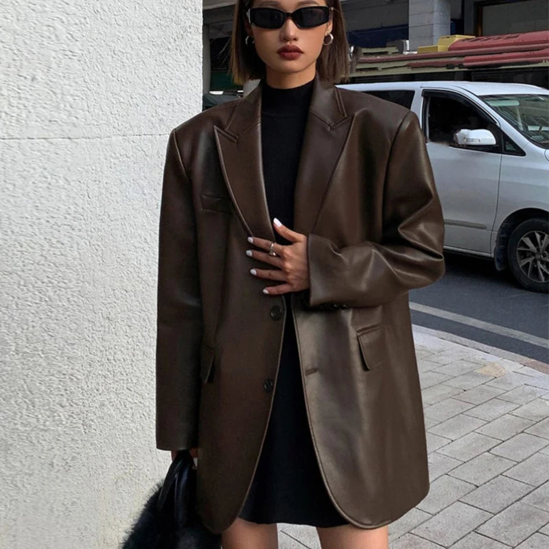 Genuine Leather Double Breasted Blazer