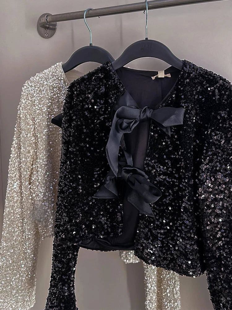 Ivory Sequined Jacket with Bow Detail