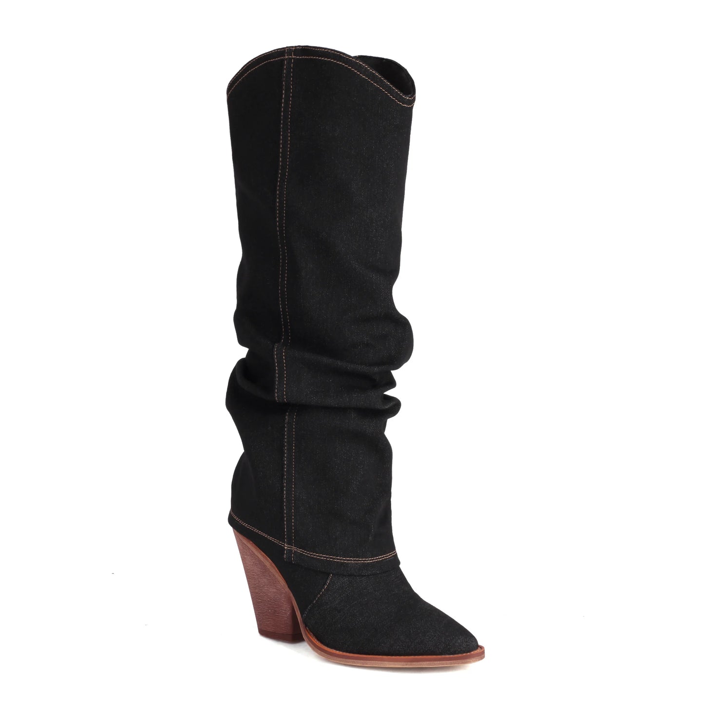 Black Denim Knee High Cowboy Boots