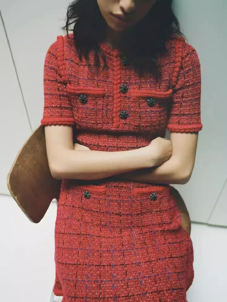 Red Plaid Tweed Dress