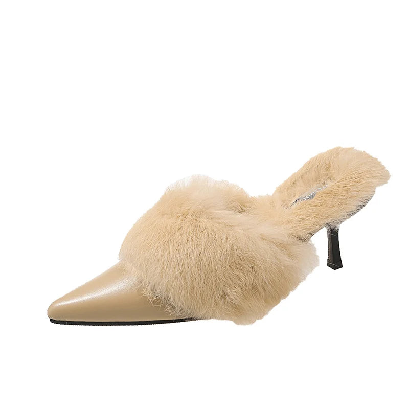 Fur Slippers with Kitten Heel