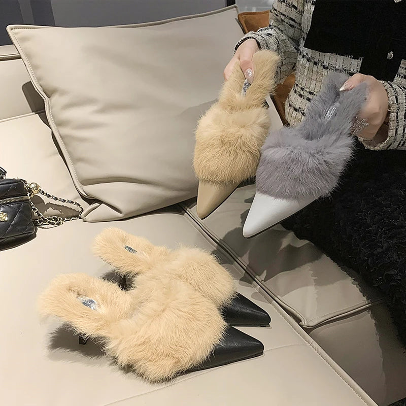 Fur Slippers with Kitten Heel