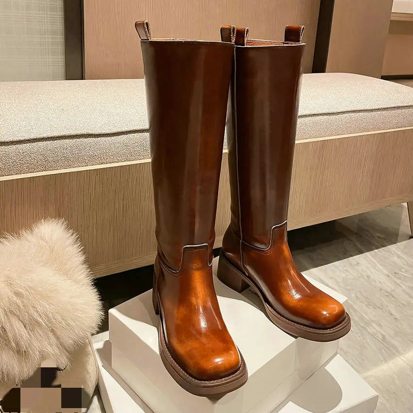 Knee High Flat Leather Boots