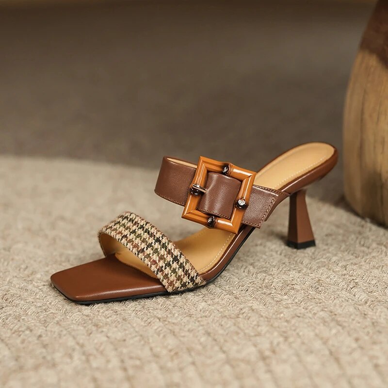 Leather Square Toe Sandals with Side Buckle