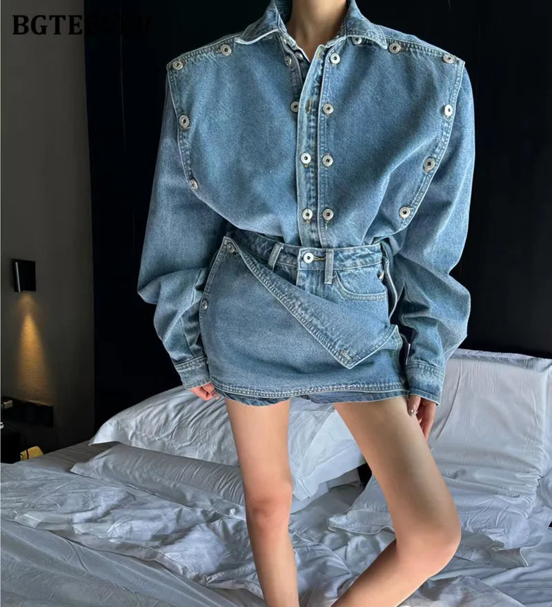 2 Pieces Denim Mini Skirt and Jacket Set