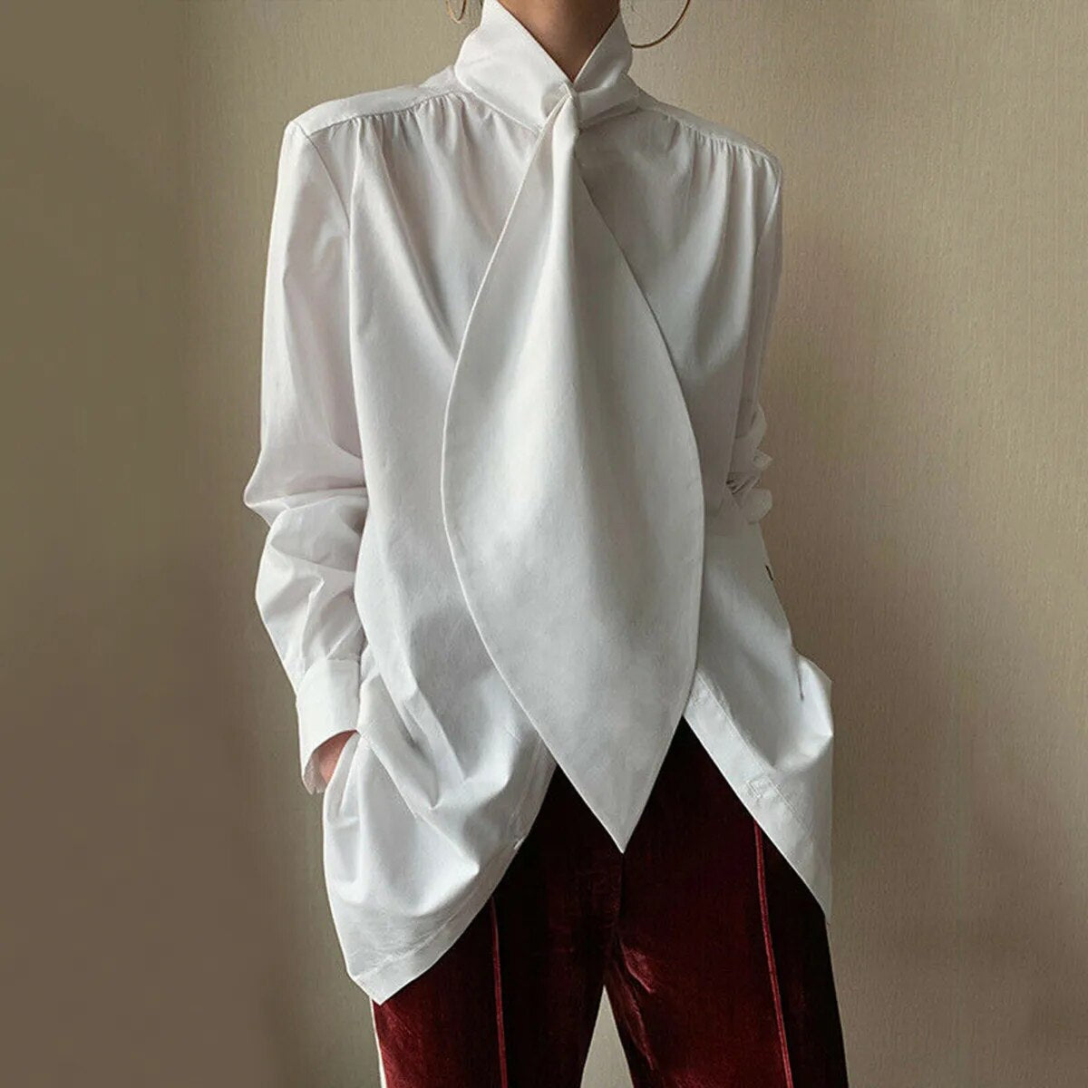 High Neck Blouse with Long Tie