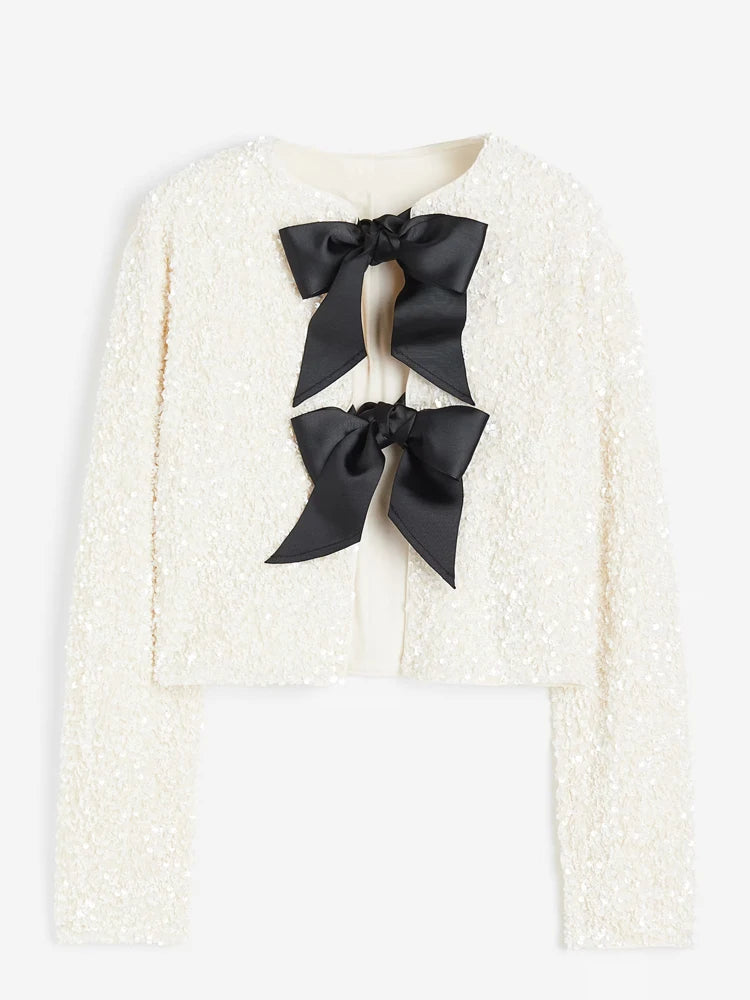 Ivory Sequined Jacket with Bow Detail