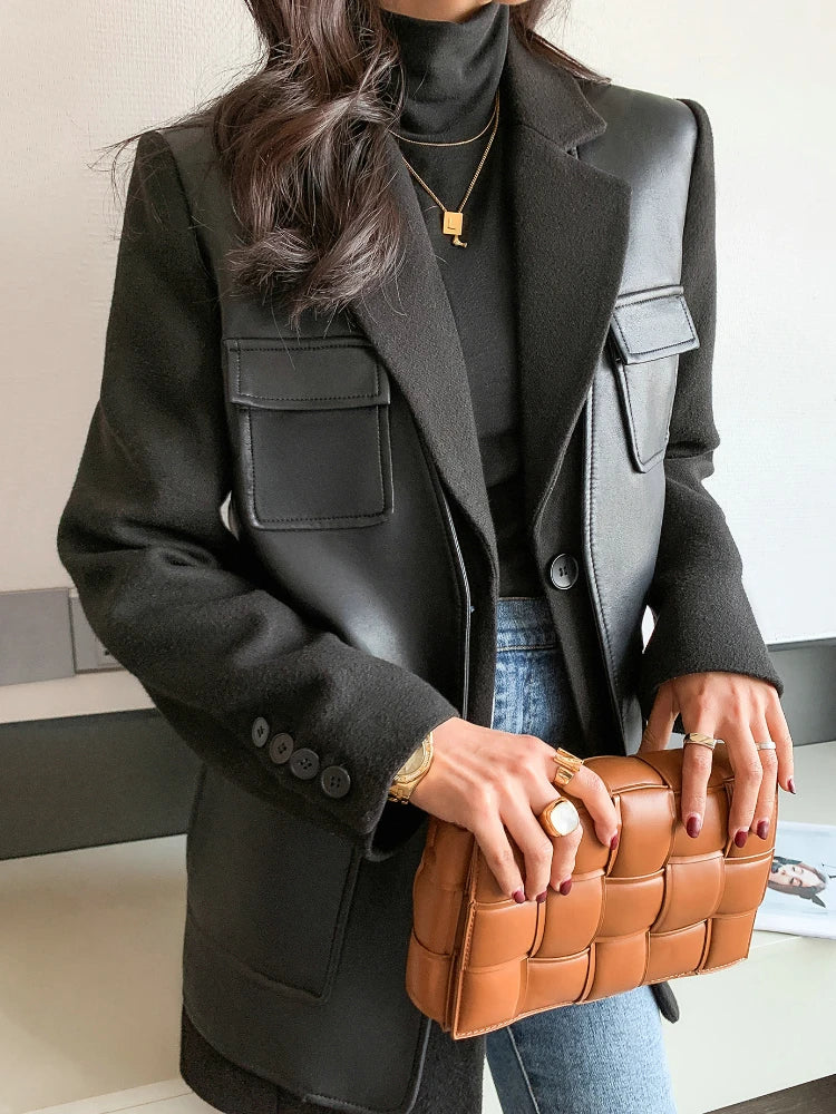 Leather blocked Blazer with Cargo Pockets