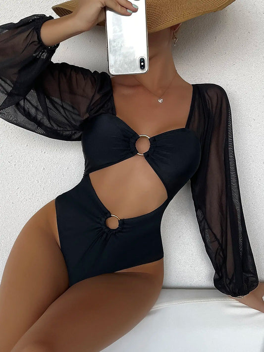 Black One Piece Swimsuit with Long Sheer Sleeves
