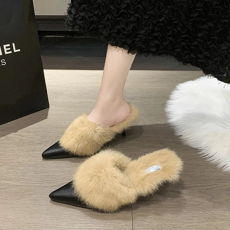 Fur Slippers with Kitten Heel