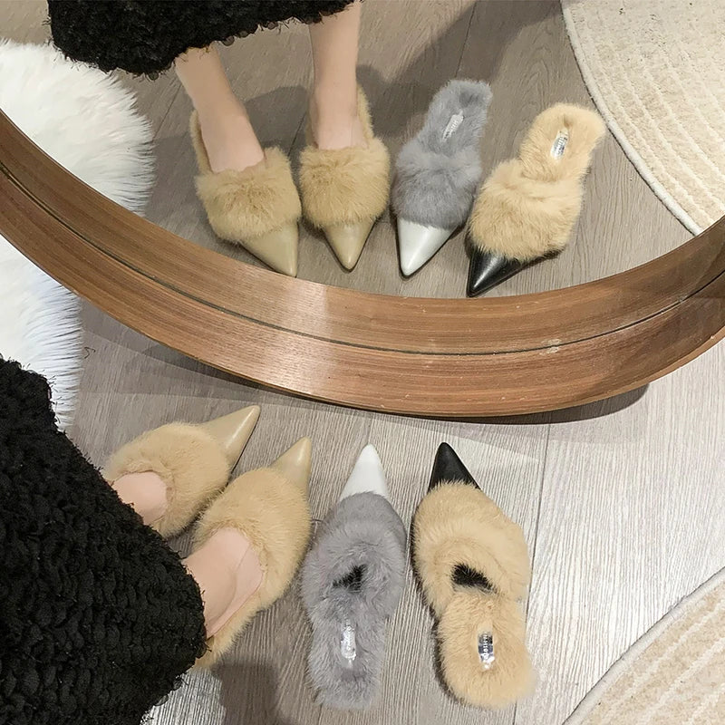 Fur Slippers with Kitten Heel