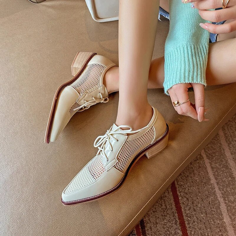 Lace up Leather Oxfords with Mesh Inlay