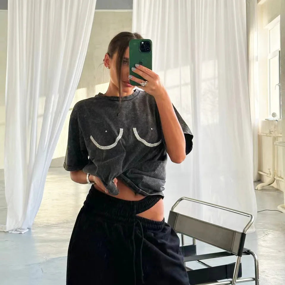 Rhinestone Boobs Oversized Tee