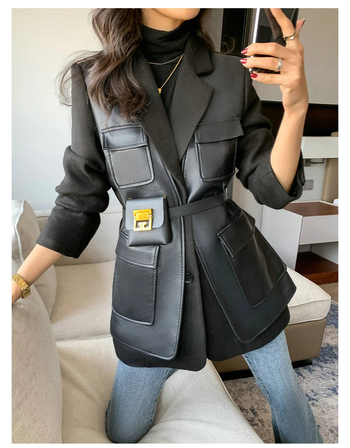 Leather blocked Blazer with Cargo Pockets