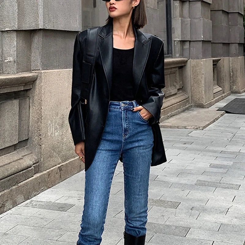 Genuine Leather Double Breasted Blazer