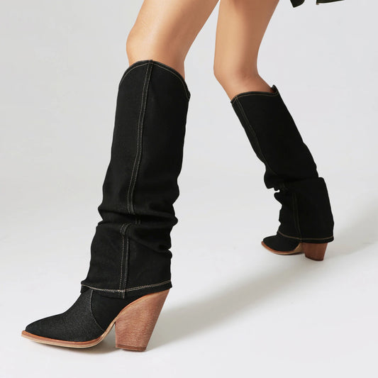 Black Denim Knee High Cowboy Boots