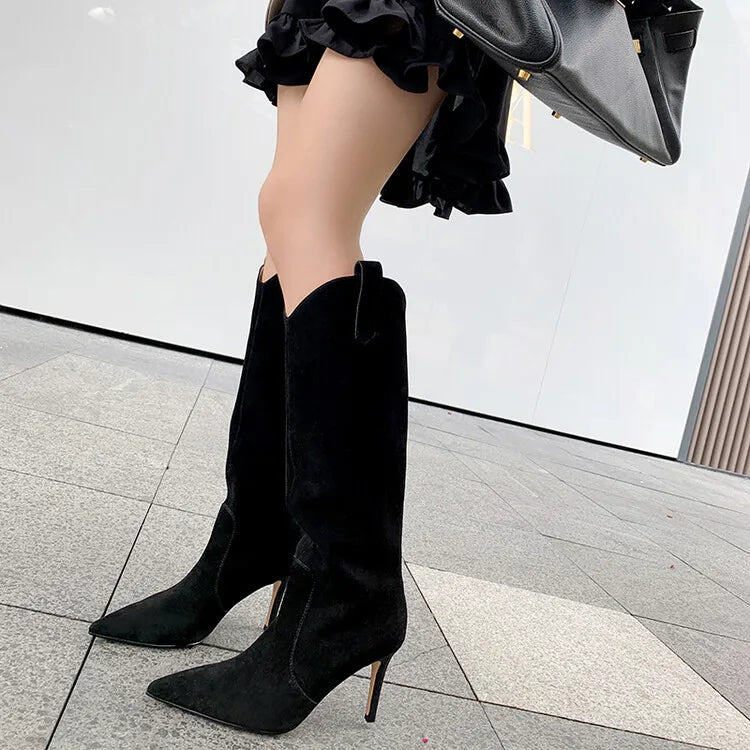Suede Knee-High Cowboy Boots