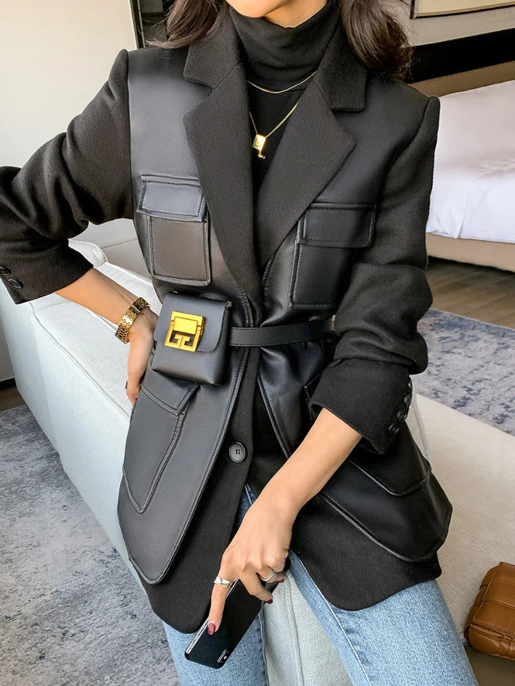 Leather blocked Blazer with Cargo Pockets