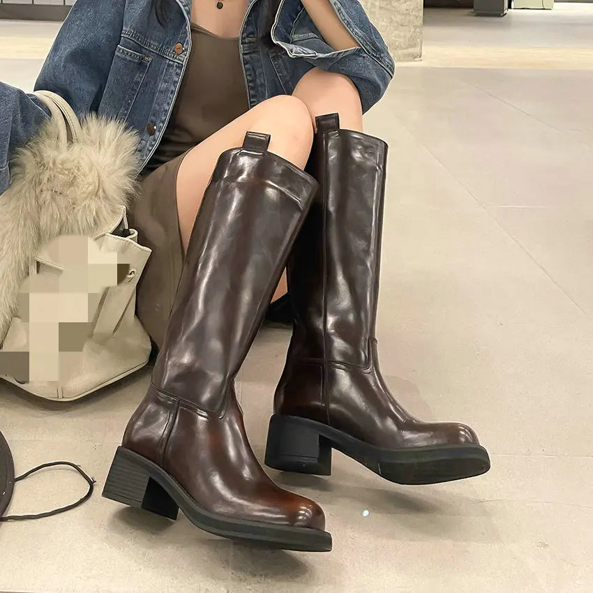 Knee High Flat Leather Boots