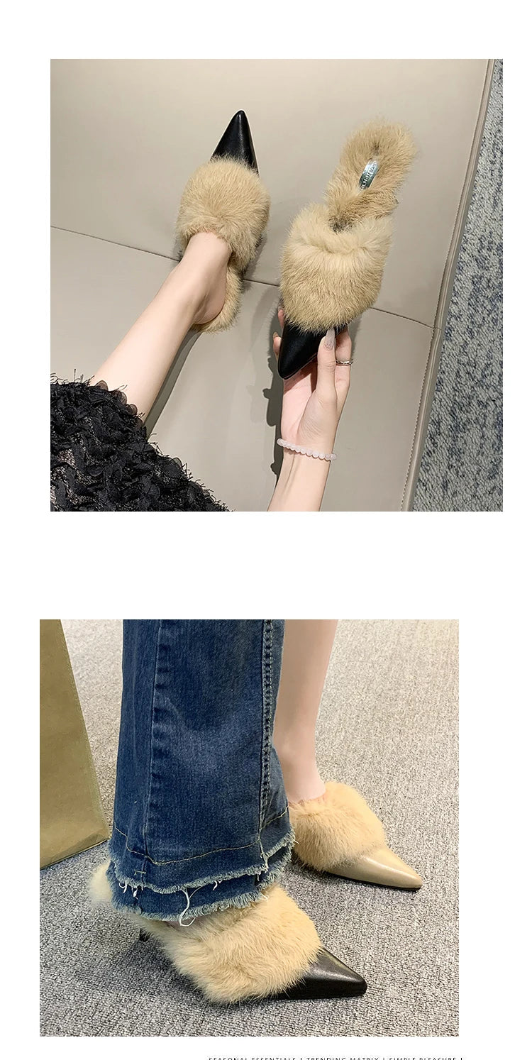 Fur Slippers with Kitten Heel