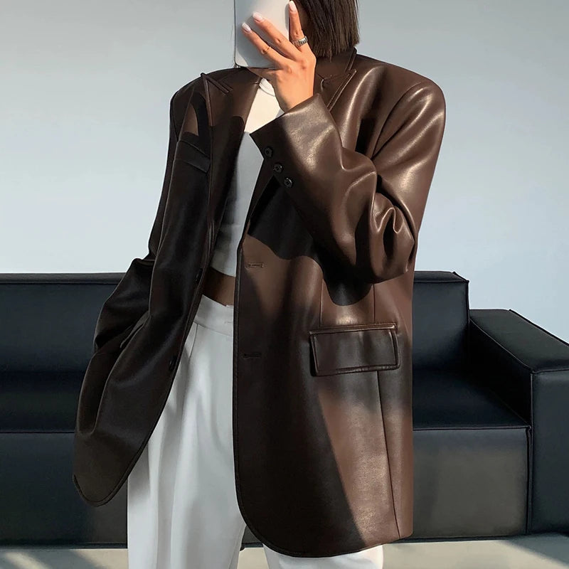 Genuine Leather Double Breasted Blazer
