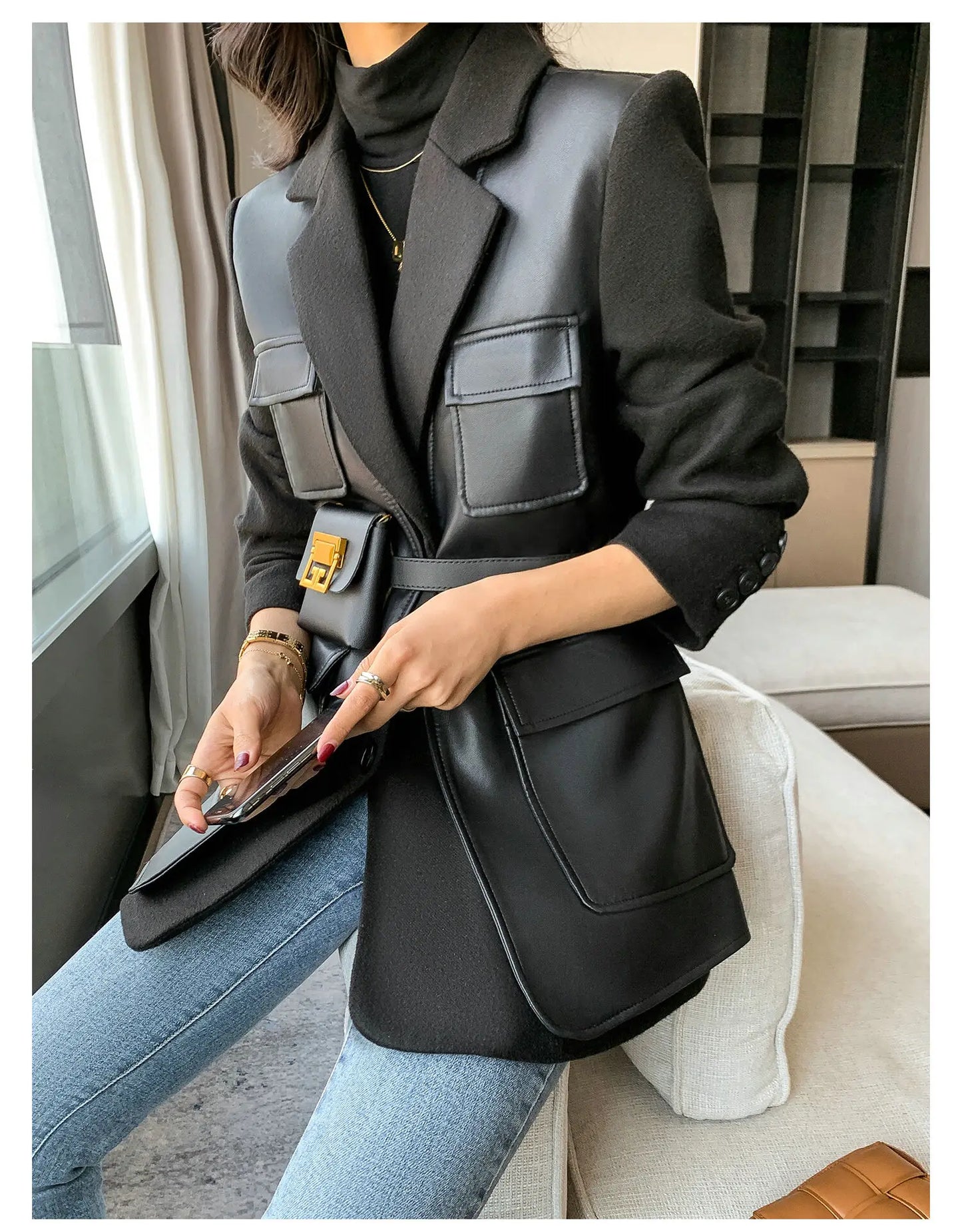 Leather blocked Blazer with Cargo Pockets