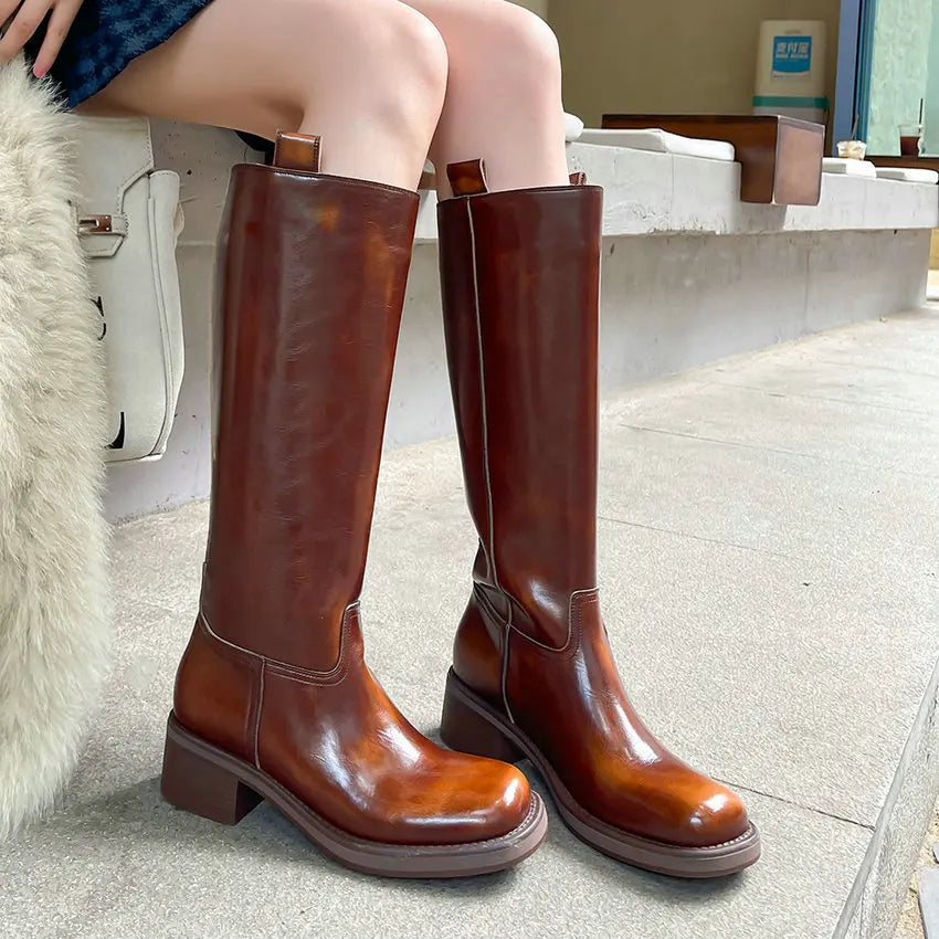 Knee High Flat Leather Boots