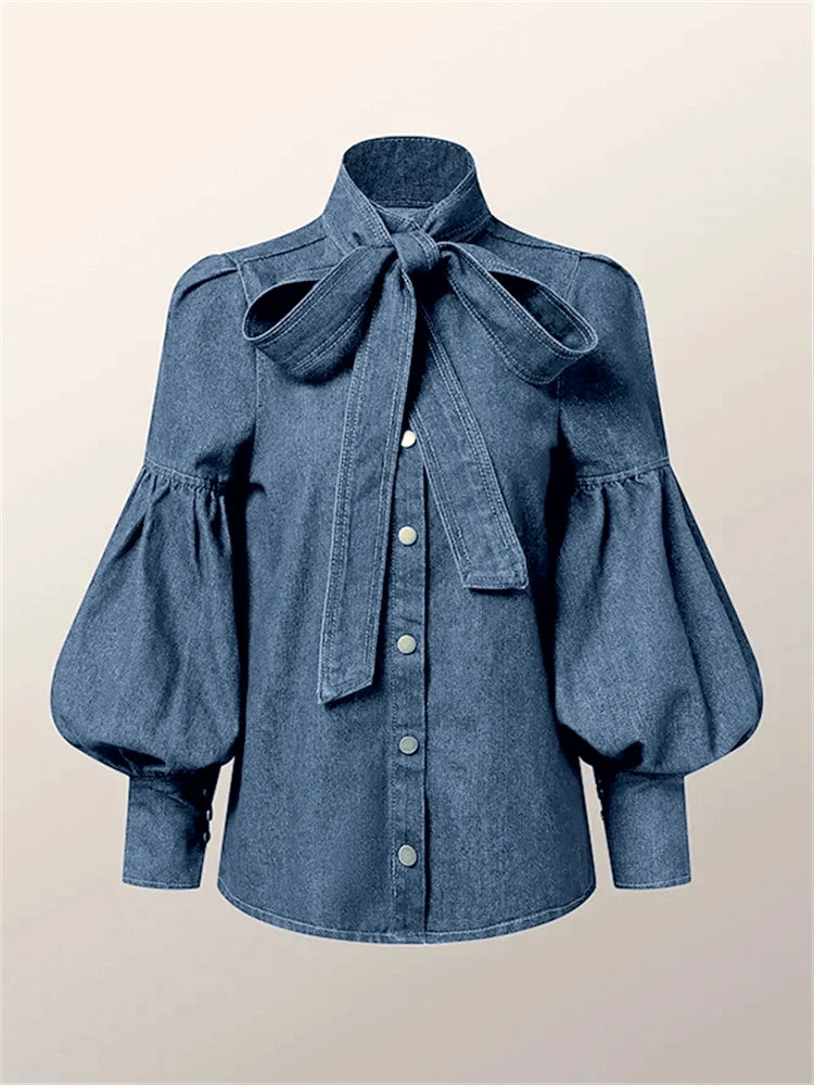 Denim Blouse with Bowtie