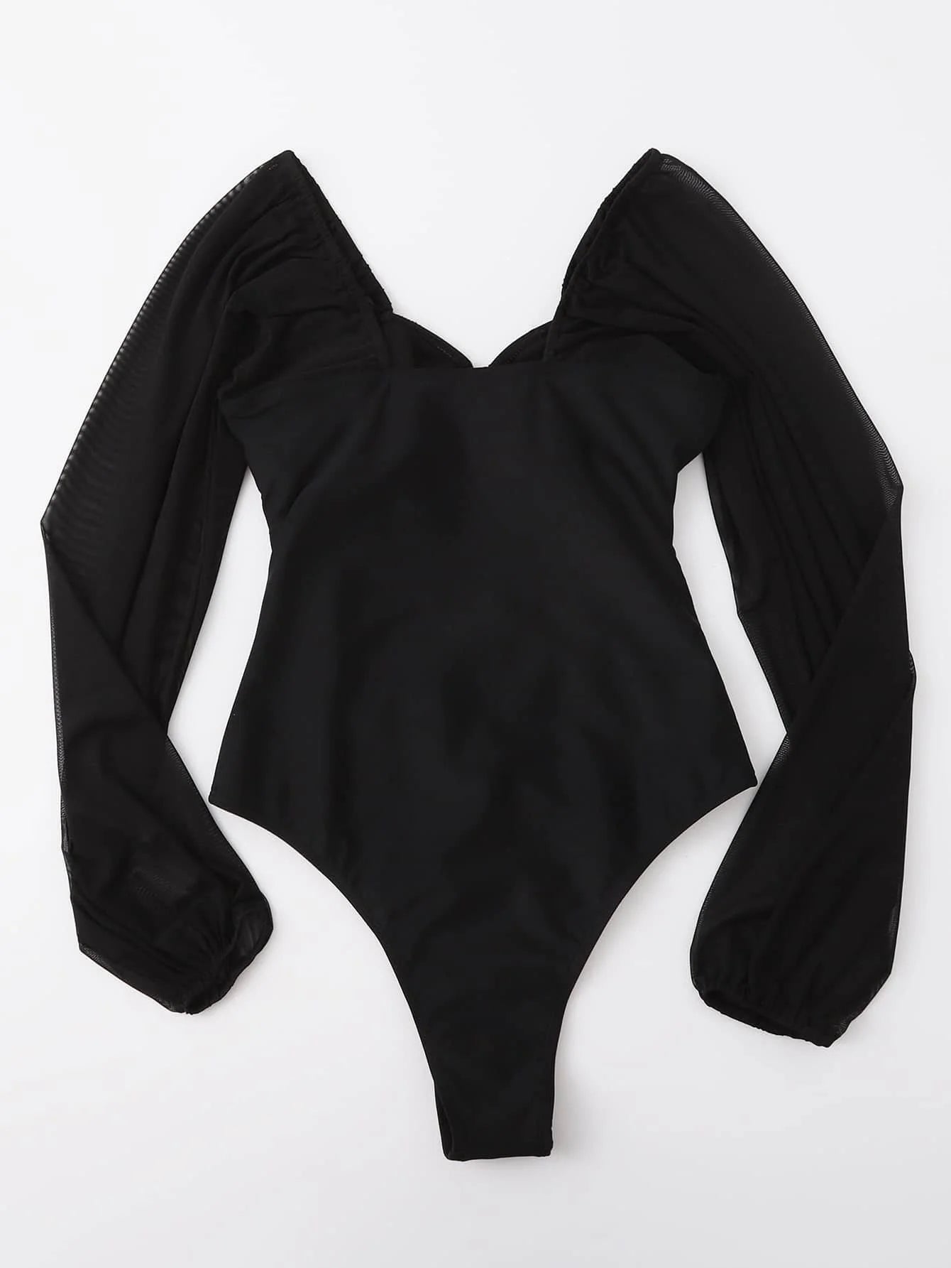 Black One Piece Swimsuit with Long Sheer Sleeves