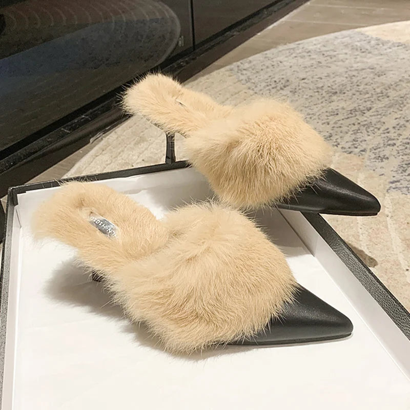 Fur Slippers with Kitten Heel