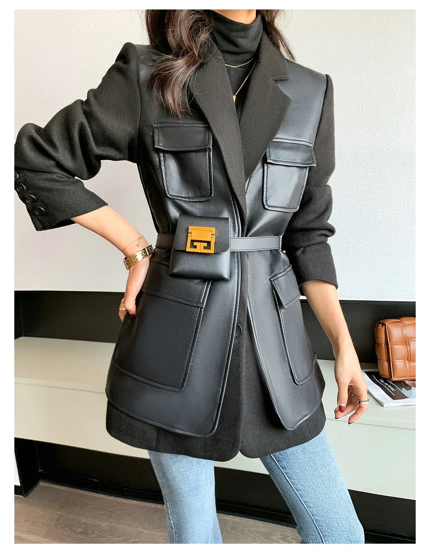Leather blocked Blazer with Cargo Pockets
