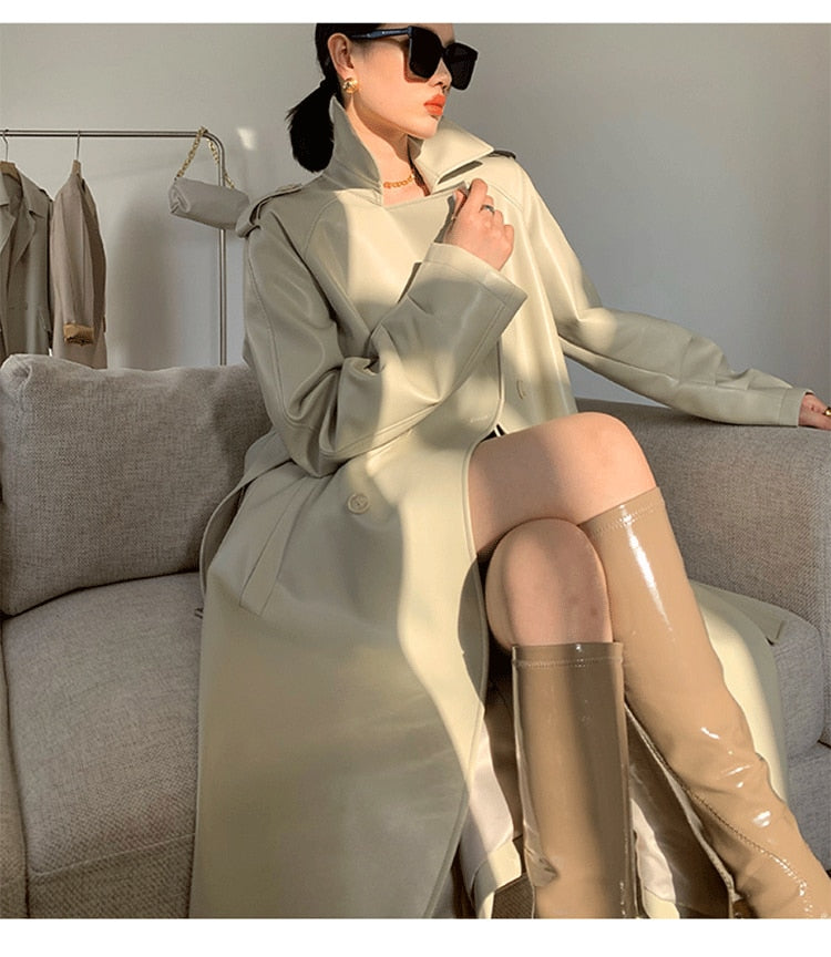 Ivory Faux Leather Double Breasted Trench Coat