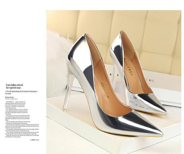 Sterling Silver Patent Leather High Heels Shoes
