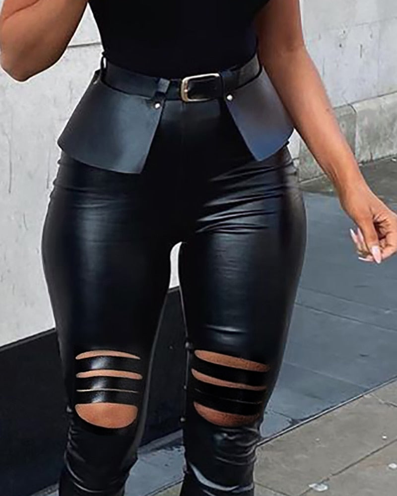 Ripped Leather High Waisted Skinny Pants With Belt