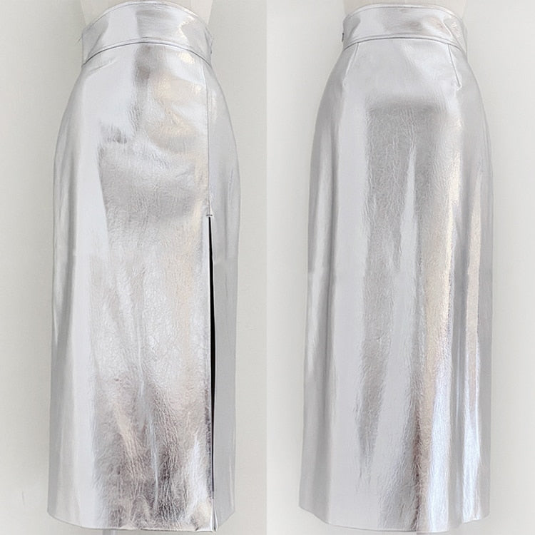 High Waisted Patent Leather Skirt with Slit