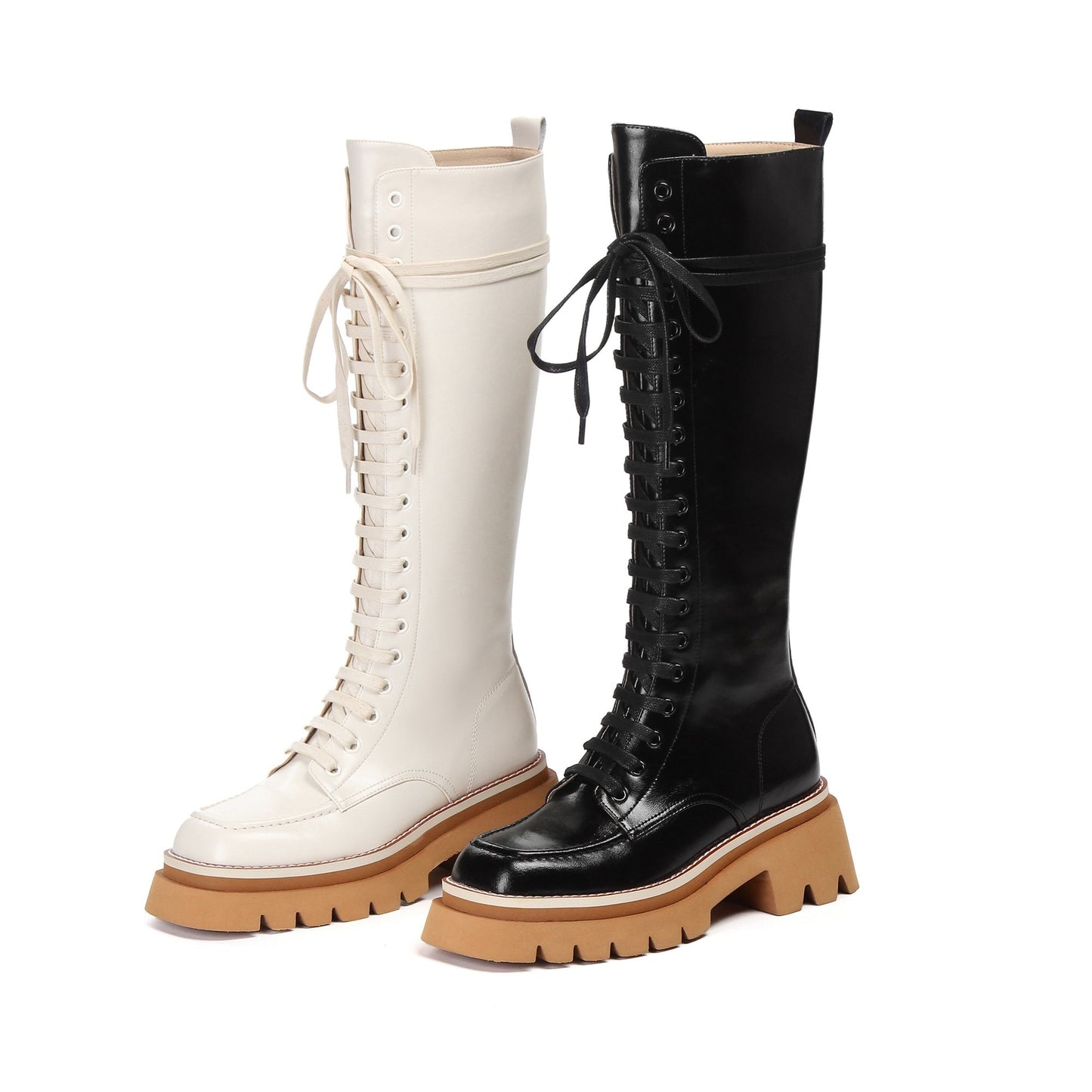 Leather Lace up Knee High Boots - Black or Cream