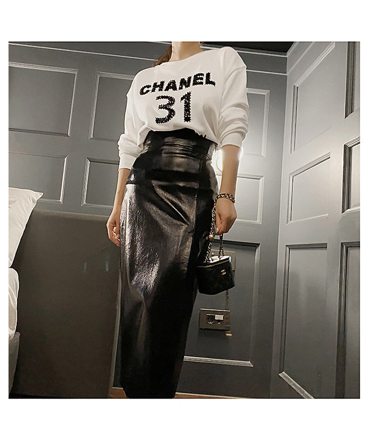 High Waisted Patent Leather Skirt with Slit
