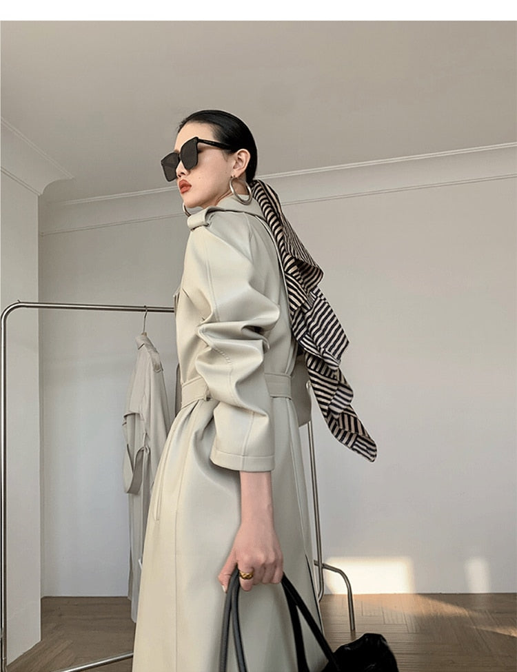 Ivory Faux Leather Double Breasted Trench Coat