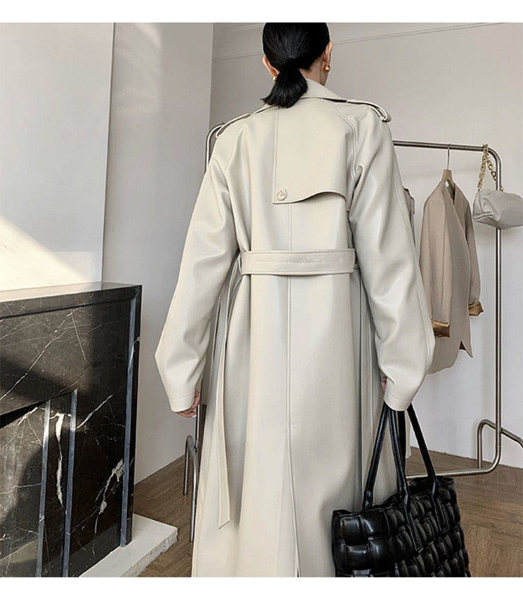Ivory Faux Leather Double Breasted Trench Coat