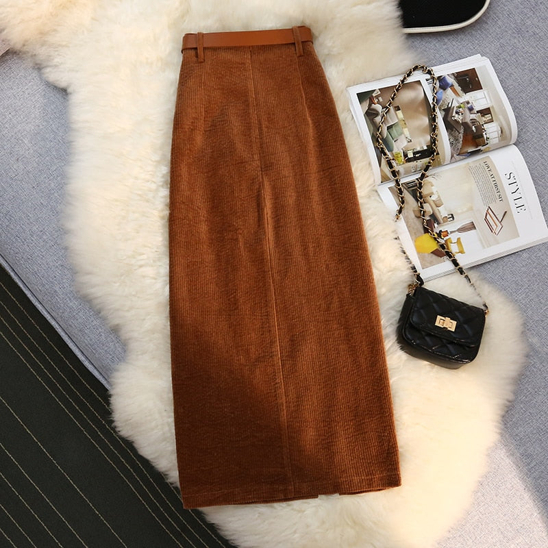 Retro Midi Corduroy Skirt with Slit