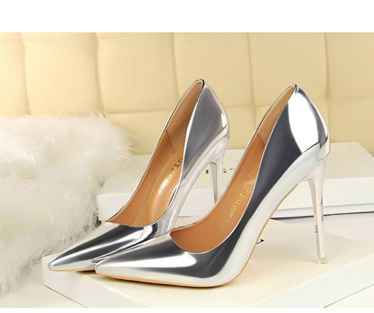 Sterling Silver Patent Leather High Heels Shoes
