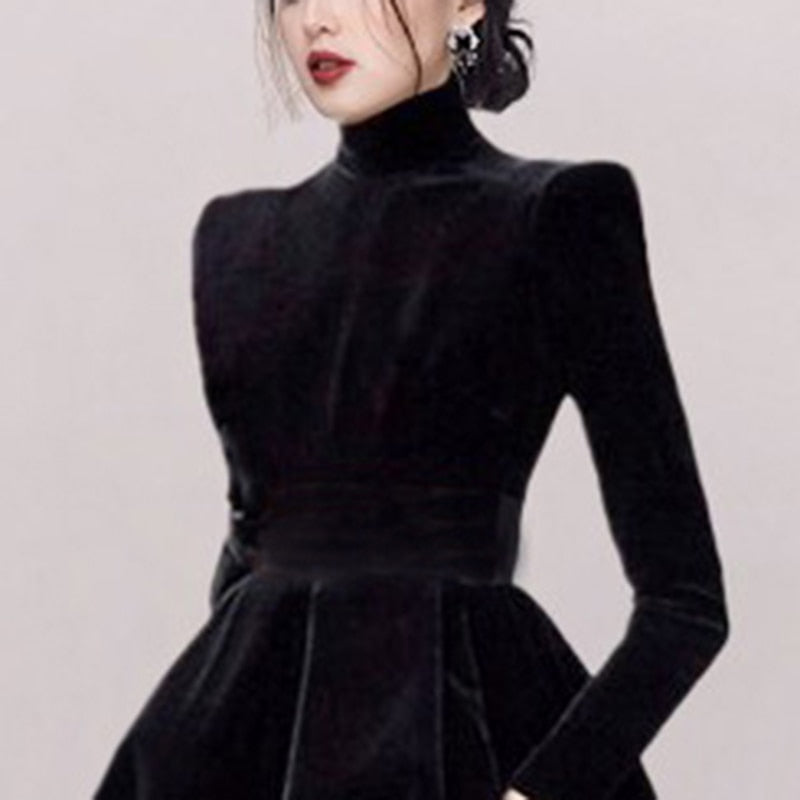 Black Velvet Midi Party Dress with Pockets