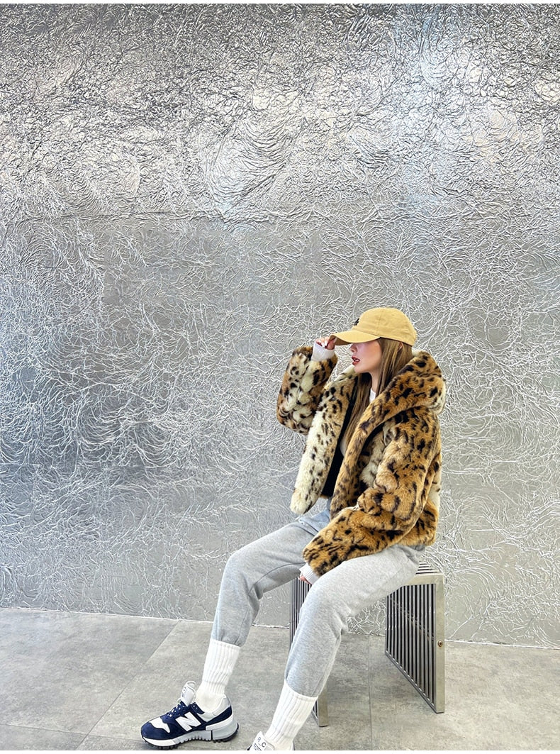 Hooded Leopard Print Faux Fur Jacket