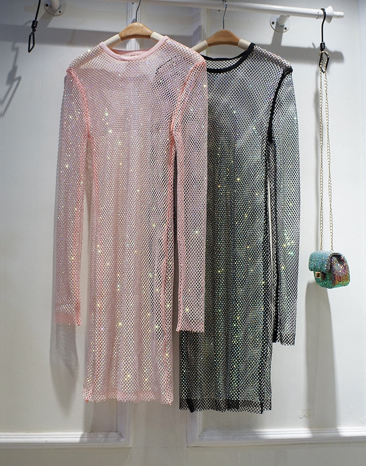 Crystal Mesh Sheer Shimmer Midi Dress