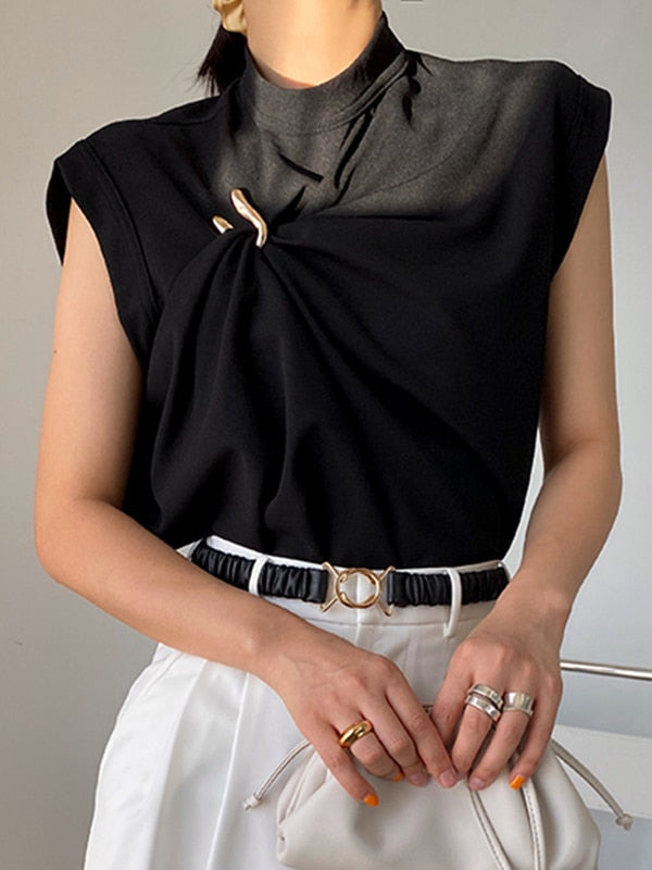 Ruched Tank Top with Gold Brooch