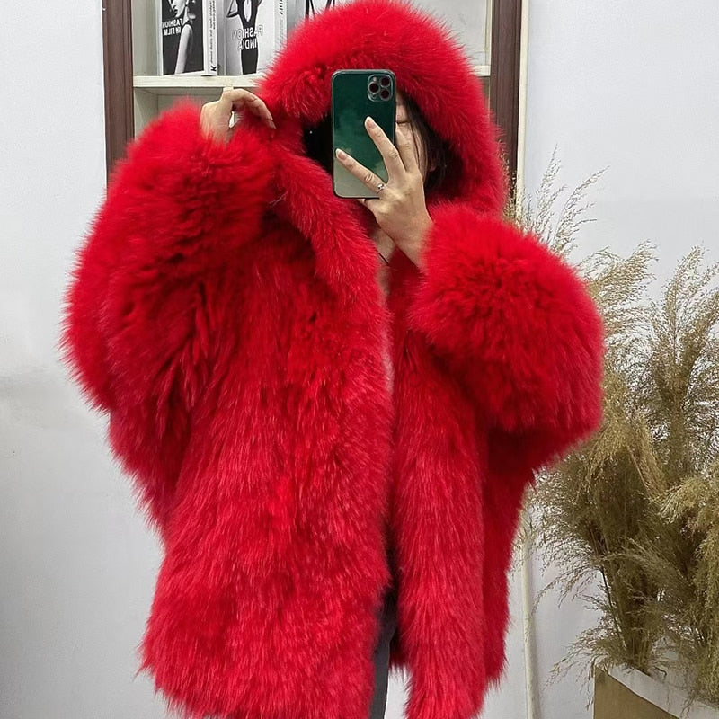 Genuine Fox Fur Hooded Coat
