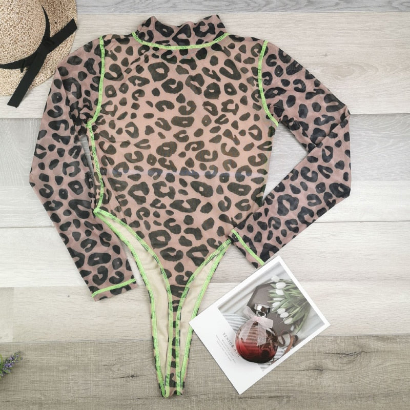 Sheer Leopard Print High Cut Bodysuit