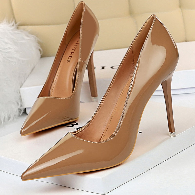 Deep Tan Patent Leather High Heels Shoes