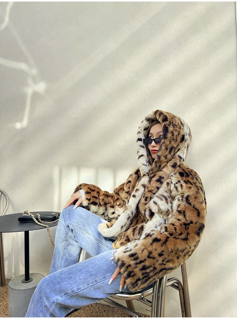 Hooded Leopard Print Faux Fur Jacket