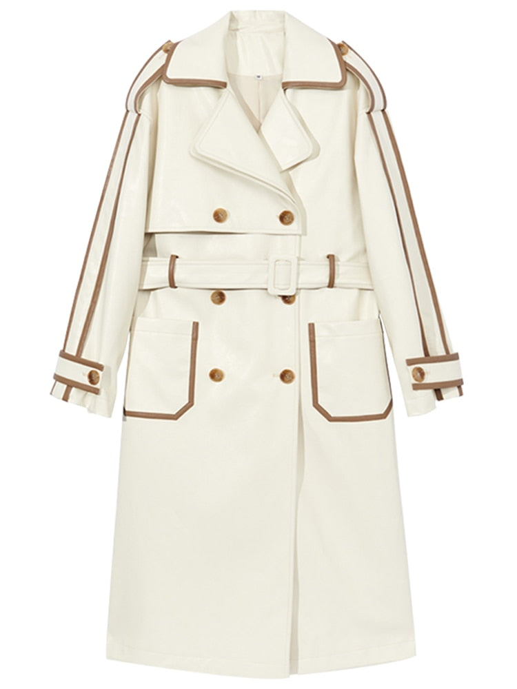 Faux Leather Color Block Trench Coat